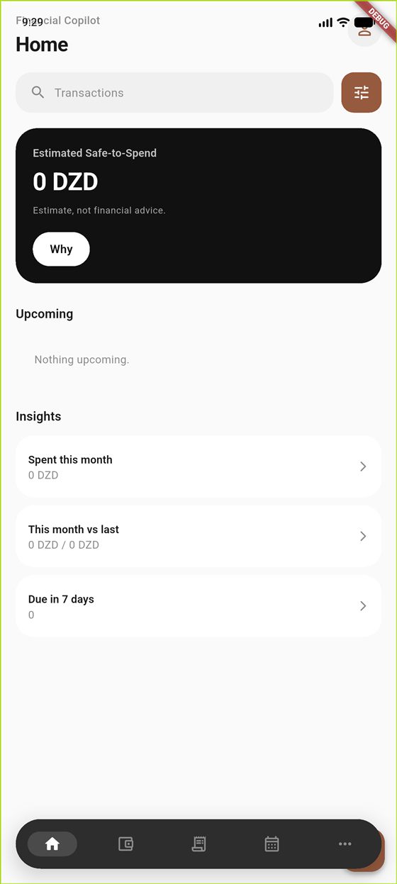 Financial Copilot app — home screen