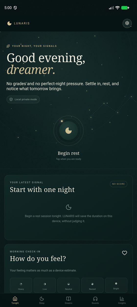 Lunaris app — home screen